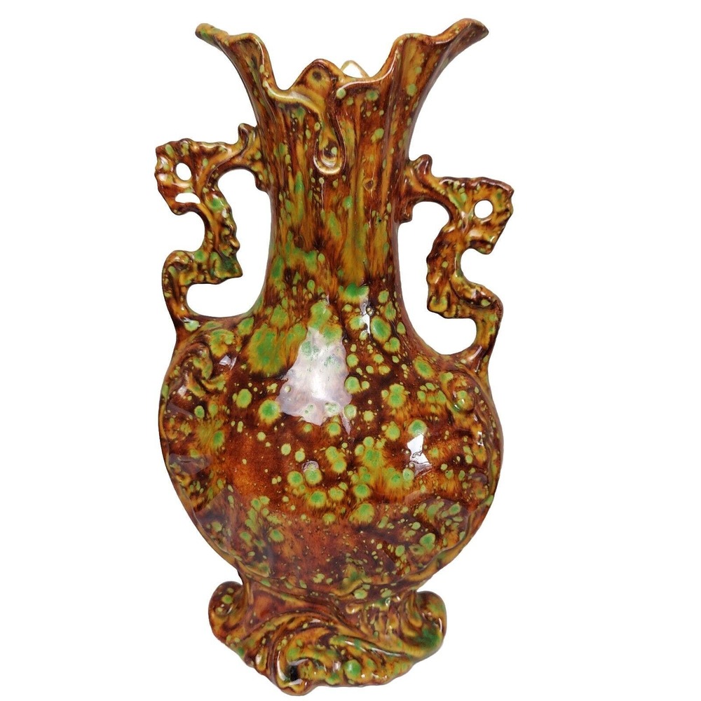VTG Art Pottery Ewer Vase Brown Orange Green 1960-70s Pitcher Handled Hand Paint
